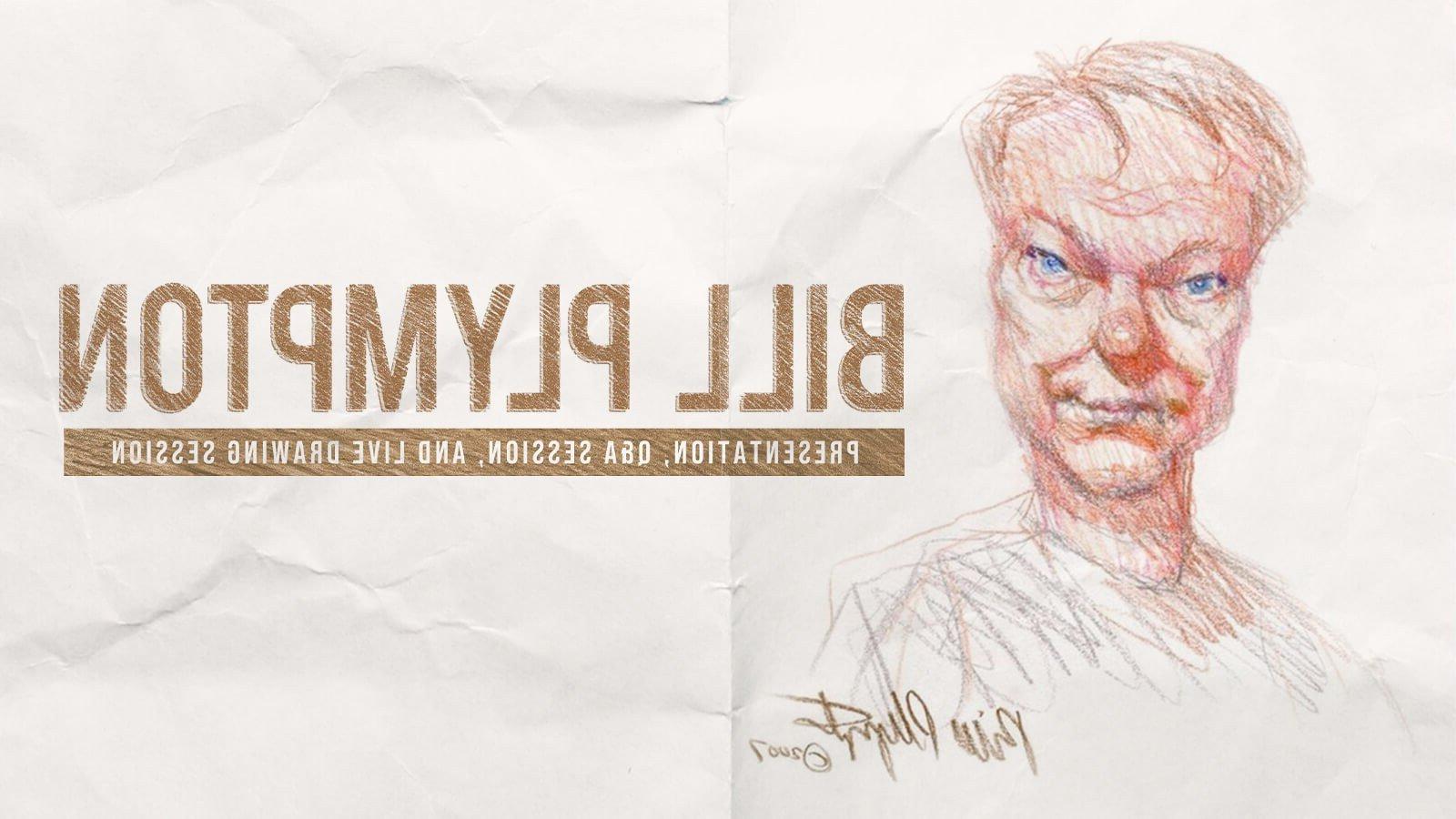 美国动画师比尔·普林顿的素描, drawn and signed by Bill, sits next to the text, 比尔·普林顿:演讲, Q&会议和现场绘图会议.