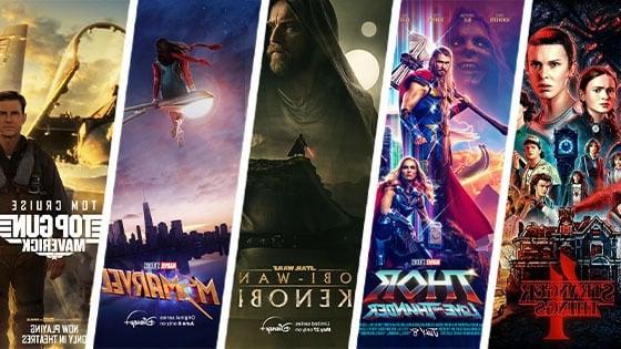 《怪奇物语4》(Stranger Things 4)、《雷神》(Thor)、《欧比旺·克诺比》(Obi-Wan Kenobi)、《哈利波特》(哈利波特)等电影海报. Marvel', and 'Top Gun: Maverick'.