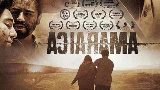 The movie poster for Amaraica. 一男一女背对着镜头走过一片荒芜的田野.