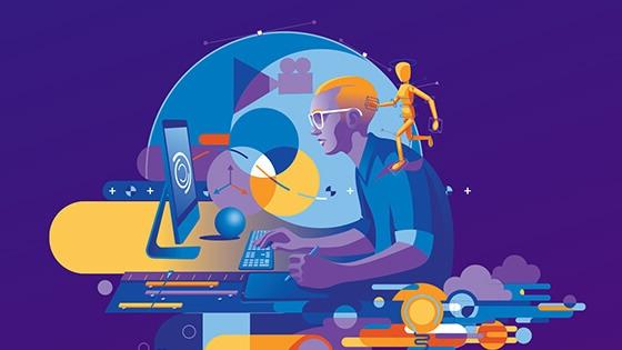 这幅紫色和蓝色调的现代图形配以黄色高光，描绘了一位平面设计师使用台式电脑和手写笔，周围环绕着拼贴画, which includes an anatomical model, arrows, rulers, clouds, and a film icon.